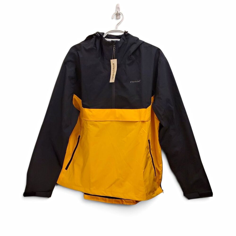 yinyjielide Men's Hooded Anorak Jacket Colorblock Black/Yellow Zip 2XL